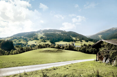 Asphaltierter Weg führt durch grüne Wiesen vor bewaldeten Bergen und einer kleinen Ortschaft unter blauem Himmel.