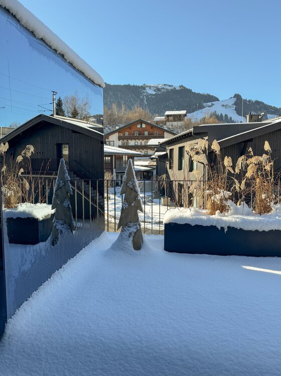 Ein winterlicher Hof mit Schnee bedeckt und kleinen Tannenbäumen. Im Hintergrund sind Holzgebäude und Berge zu sehen.