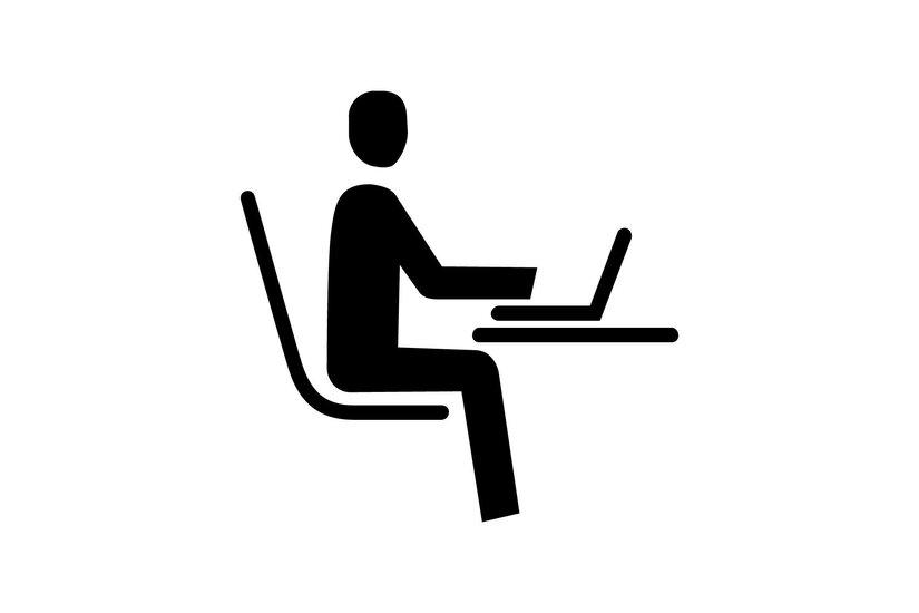 Symbol Arbeit am Laptop Schwarzes Piktogramm einer sitzenden Person, die an einem Laptop an einem Tisch arbeitet.