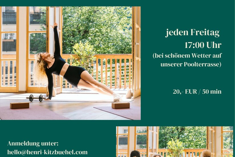 Frauen bei Pilates-Übungen in einem hellen Raum mit Blick auf eine Holzterrasse.