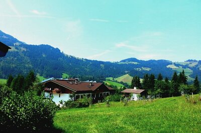Biohotel Pointner Eine malerische Landschaft mit grünen Wiesen und Bergen im Hintergrund. Im Vordergrund stehen einige Häuser, umgeben von Bäumen und Pflanzen.