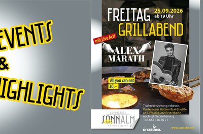 Alex Marath Ein Musiker mit Gitarre, der fröhlich singt. Veranstaltungshinweis: Jeden Freitag bei Schönwetter in der Alpenlodge Sonnalm, Kitzbühel.