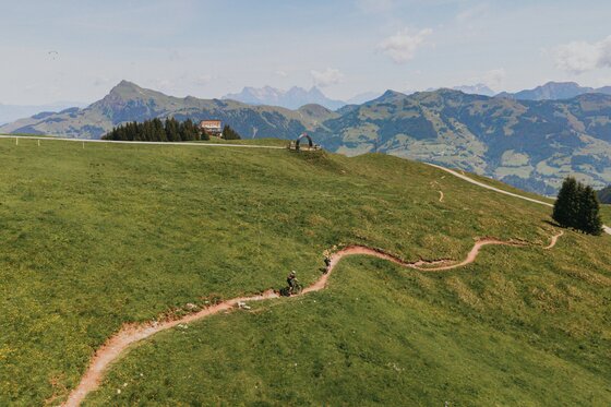 Mountainbiker am Hahnenkamm Trail Zwei Mountainbiker fahren auf einem schmalen Erdpfad über eine grüne Almwiese vor einem Bergpanorama.
