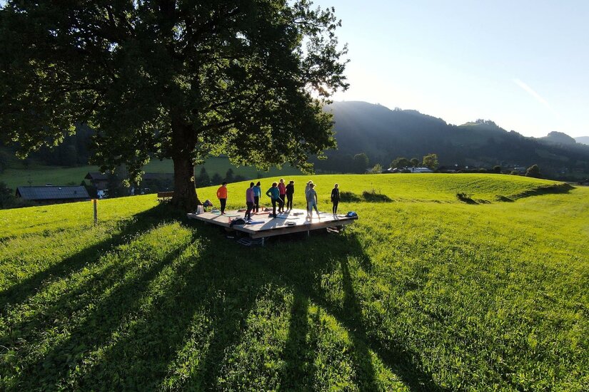 z'Malern Eine Gruppe von Menschen steht auf einer Plattform unter einem großen Baum auf einer grünen Wiese. Im Hintergrund sind sanfte Hügel und ein klarer Himmel zu sehen.