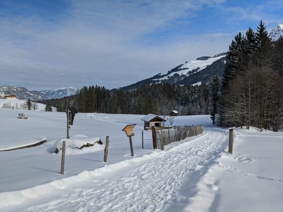 Verschneiter Wanderweg mit Holzpfosten, einer kleinen Hütte und bewaldeten Bergen im Hintergrund.