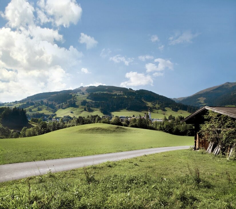 Ortsansicht Jochberg Ost Asphaltierter Weg führt durch grüne Wiesen auf ein Bergdorf mit bewaldeten Hängen zu.