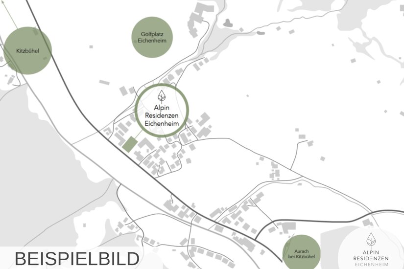 Lageplan Alpin Residenzen Eichenheim Lageplan der Alpin Residenzen Eichenheim mit Markierungen für Kitzbühel, den Golfplatz und Aurach.