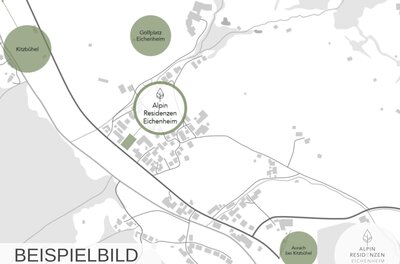 Lageplan Alpin Residenzen Eichenheim Lageplan der Alpin Residenzen Eichenheim mit Markierungen für Kitzbühel, den Golfplatz und Aurach.