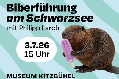Ein Biber hält ein Eis und steht vor einem bunten Hintergrund. Der Text bezieht sich auf eine Führung am Schwarzsee mit Philipp Larch.
