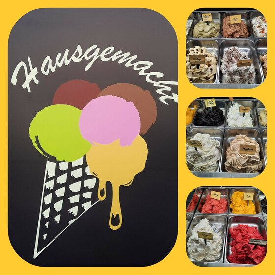 Eis-Angebot Cuore di Gelato Mehrere Eistüten mit verschiedenen Sorten in einer weißen Tasse vor Holzgrund.