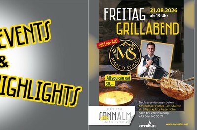 Grillabend Marco Spiegl Ein Plakat für einen Grillabend am 13.09.2025 in der Alpenlodge Sonnalm. Es zeigt Grillgerichte und kündigt einen Live-Act von Marco Spiegl an.