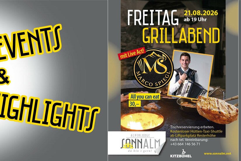 Grillabend Marco Spiegl Ein Plakat für einen Grillabend am 13.09.2025 in der Alpenlodge Sonnalm. Es zeigt Grillgerichte und kündigt einen Live-Act von Marco Spiegl an.