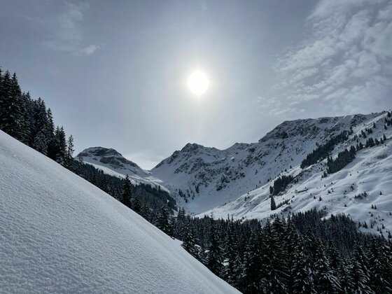 Winterlandschaft bei der Kelchalm Verschneite Gebirgslandschaft mit Nadelwald und sonnigem Himmel über der Kelchalm.