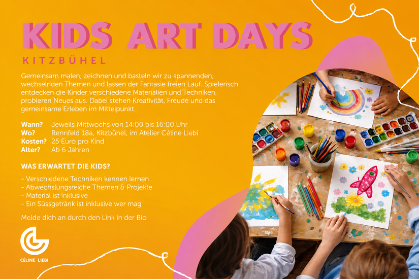Kids Art Days Ein buntes Plakat für die "Kids Art Days" in Kitzbühel. Es zeigt Kinder, die kreativ mit verschiedenen Materialien arbeiten.