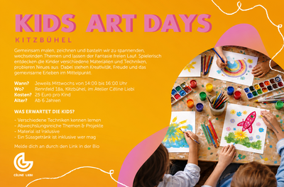 Ein buntes Plakat für die "Kids Art Days" in Kitzbühel. Es zeigt Kinder, die kreativ mit verschiedenen Materialien arbeiten.