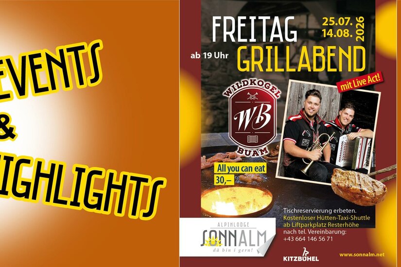 Grillabend Wildkogel Buam Ein Plakat für einen Grillabend am 13.09.2025 in der Alpenlodge Sonnalm. Es zeigt Grillgerichte und kündigt einen Live-Act von Marco Spiegl an.
