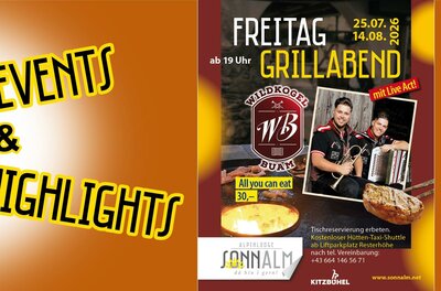 Ein Plakat für einen Grillabend am 13.09.2025 in der Alpenlodge Sonnalm. Es zeigt Grillgerichte und kündigt einen Live-Act von Marco Spiegl an.