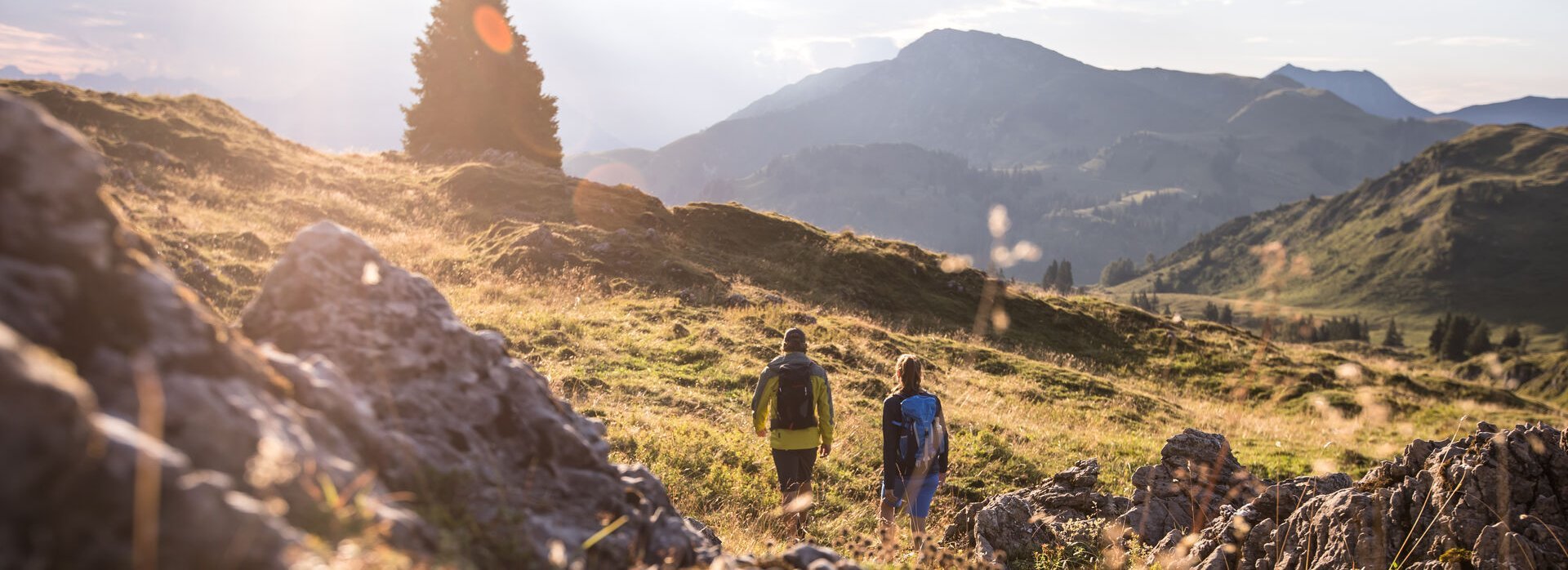 Zwei Menschen wandern in den Bergen.