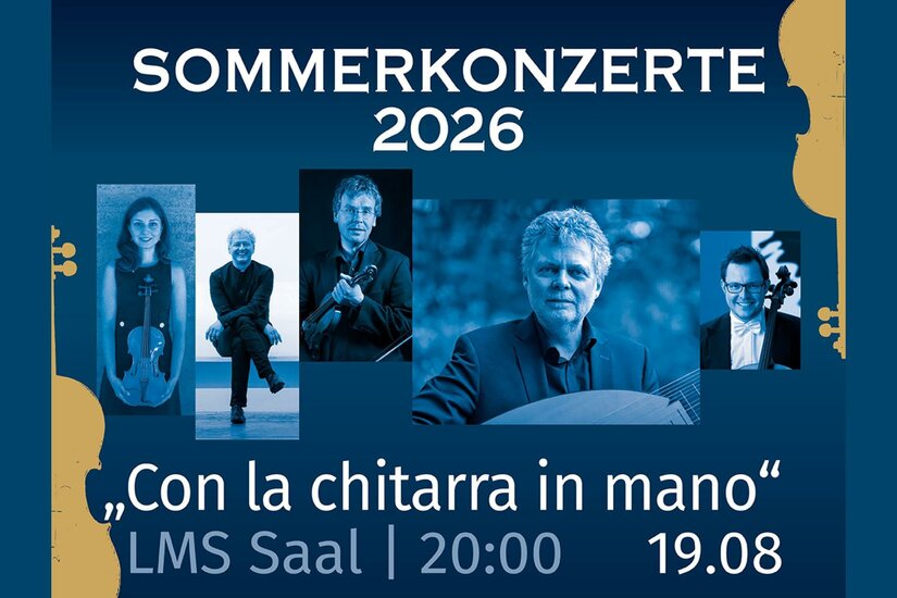 Veranstaltungsplakat der Sommerkonzerte 2026 mit Porträtfotos von fünf Musikern und Musikerinnen mit Instrumenten.