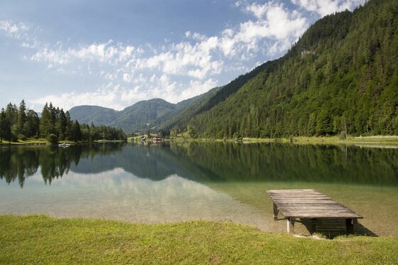 Pillersee 2 Ein ruhiger See umgeben von grünen Bergen und Bäumen. Ein Holzsteg führt ins Wasser und reflektiert die Himmel und Landschaft.