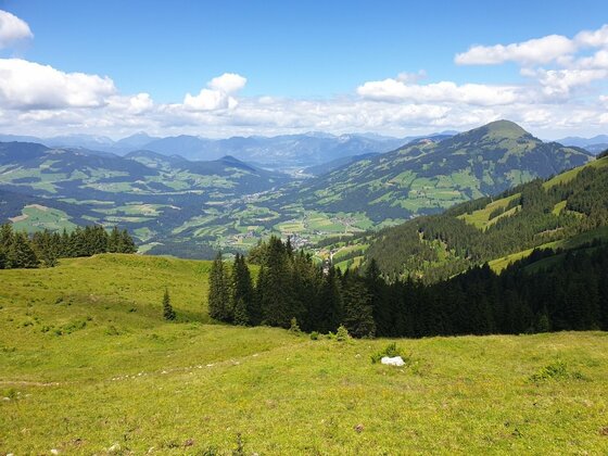 Aussicht von der Choralpe Blick von einer grünen Almwiese auf ein bewaldetes Tal und entfernte Berggipfel unter blauem Himmel.
