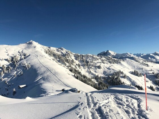 Hochetzkogel Panorama im Winter Verschneite Berglandschaft mit Skipiste, Skispuren im Vordergrund und blauem Himmel über dem Hochetzkogel.