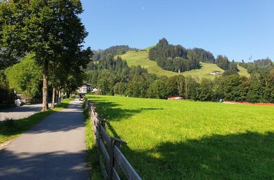 Asphaltierter Wanderweg neben einer grünen Wiese mit Holzzaun und bewaldeten Hügeln im Hintergrund.