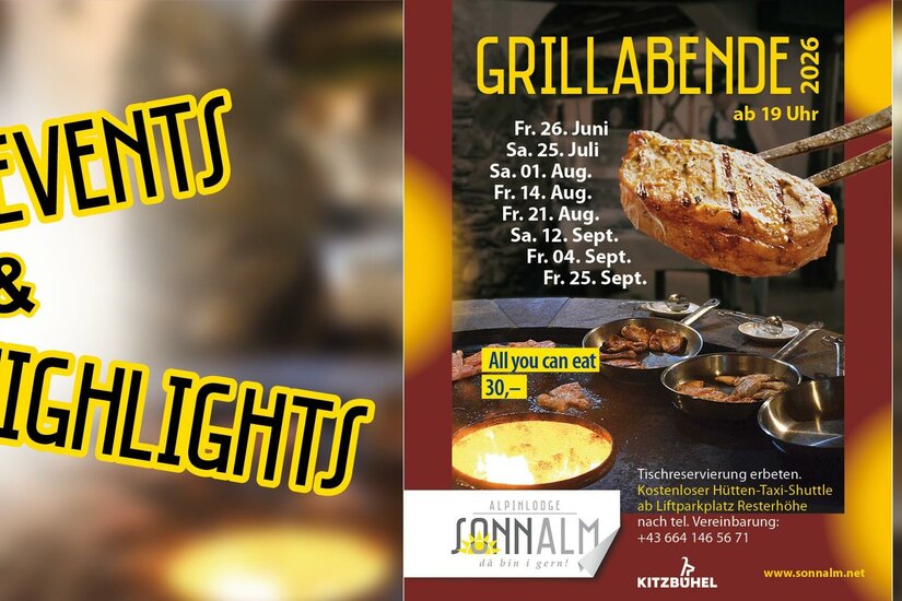 Grillabende Ein Plakat für die Grillabende 2026 mit BBQ-Gerichten und Informationen zu Terminen. Es lädt ein, an verschiedenen Tagen im Sommer teilzunehmen.