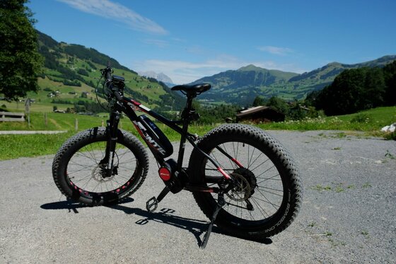 E-Fatbike vor Bergpanorama Schwarzes E-Fatbike auf einem Schotterweg vor einer alpinen Bergkulisse mit grünen Hängen.