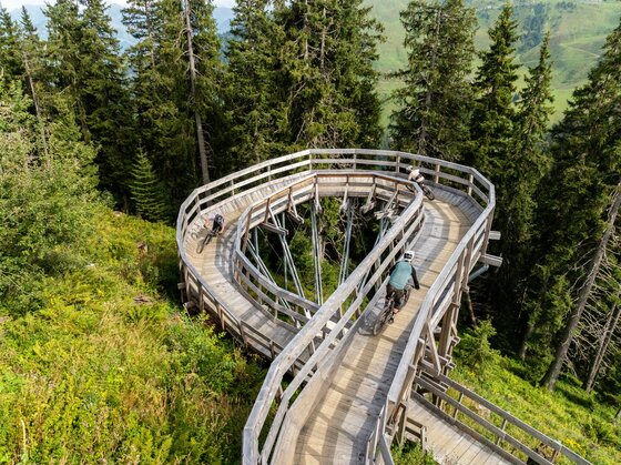 Holzschnecke am Sonnenrast Trail Drei Mountainbiker befahren eine spiralförmige Holzkonstruktion inmitten eines Nadelwaldes.