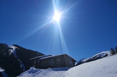 Bruggeralm im Winter Holzhütte in verschneiter Berglandschaft unter strahlend blauem Himmel mit Gegenlicht.