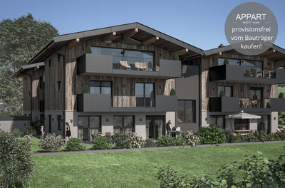 Modernes Apartmenthaus in Holzbauweise mit Balkonen und Gartenanlage.