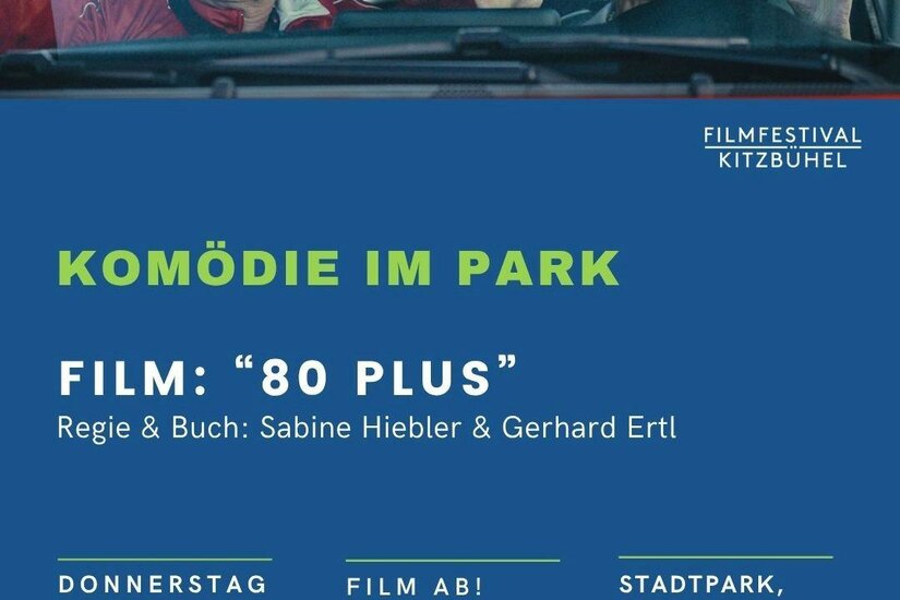 Veranstaltungsplakat mit zwei älteren Frauen in einem Auto und Textdetails zum Filmfestival Kitzbühel.