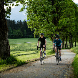 Römerweg in Kitzbühel: two cyclists enjoy the springtime scenery with green trees and rolling hills.