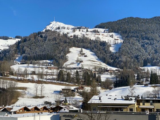 Blick auf einen verschneiten Berghang mit Häusern, Nadelwald und einer Sendeanlage auf dem Gipfel unter blauem Himmel.