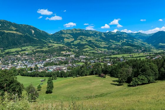 Blick auf den Ganslern Trail Blick von einer grünen Wiese auf eine Ortschaft im Tal vor bewaldeten Bergen unter blauem Himmel.