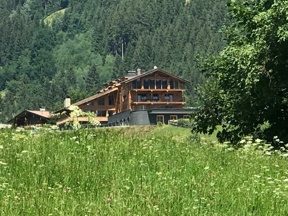 Mehrstöckiges Holzgebäude mit Balkonen vor einem bewaldeten Hang und einer Blumenwiese im Vordergrund.