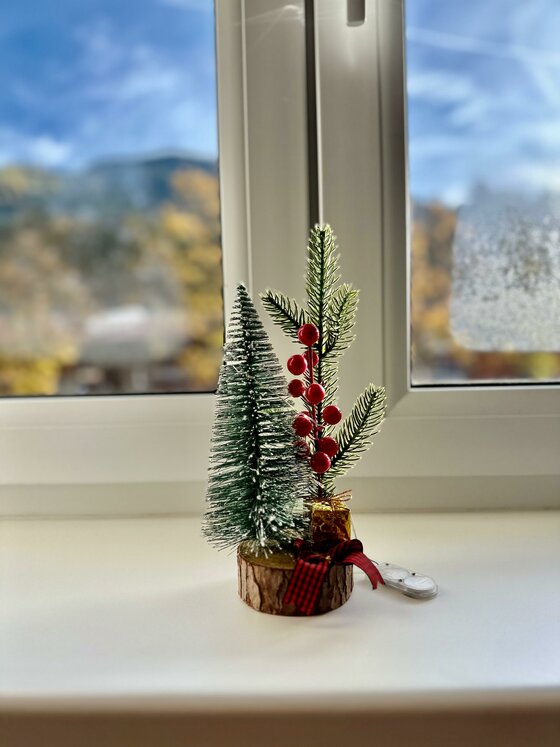 Kleine Weihnachtsdekoration mit Miniatur-Tannenbaum und roten Beeren auf einem Fensterbrett.