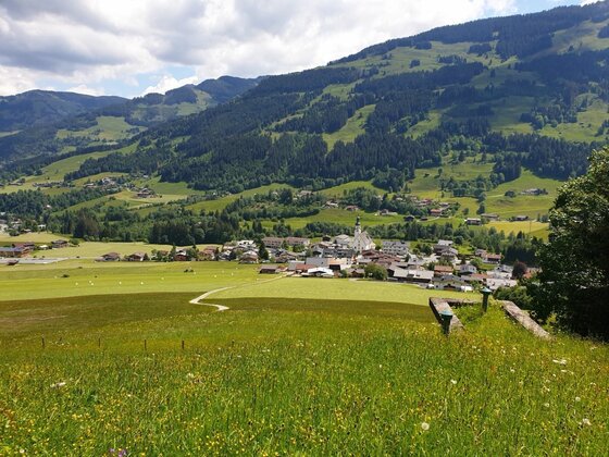 Blick auf Jochberg Blick von einer grünen Wiese auf ein Dorf im Tal vor bewaldeten Bergen.